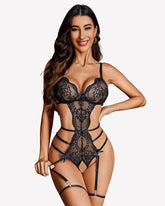 Deep V Teddy Lace Cut Out Garter Sets